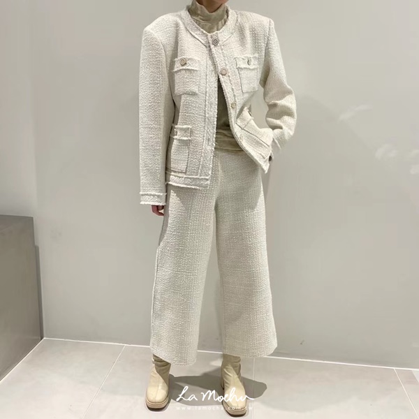 小香風無腰頭八分寬褲